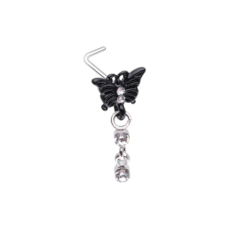 Black Butterfly with Dangling Gems L-Bend Nose Stud – Stainless Steel
