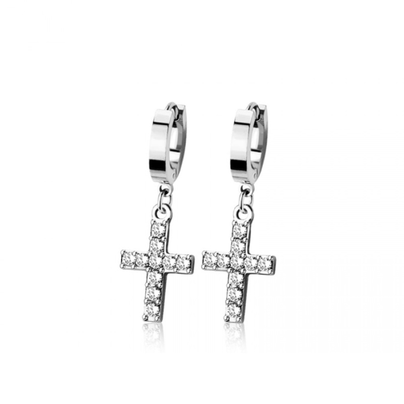 CZ Crystal Cross Dangling Huggie Hoop Earrings – Pair – 316L Stainless Steel Black