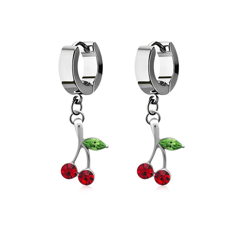 Dangling Cherry Huggie Hoop Earrings – Pair – Stainless Steel