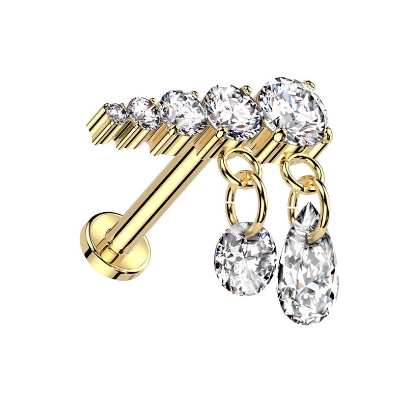 Internally Threaded Descending CZ Crystals with Dangling Gems Flat Back Stud – ASTM F-136 Implant Grade Titanium Gold/Left Ear