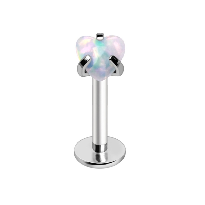 Internally Threaded Prong Set Synthetic Opal Heart Flat Back Stud – 316L Stainless Steel