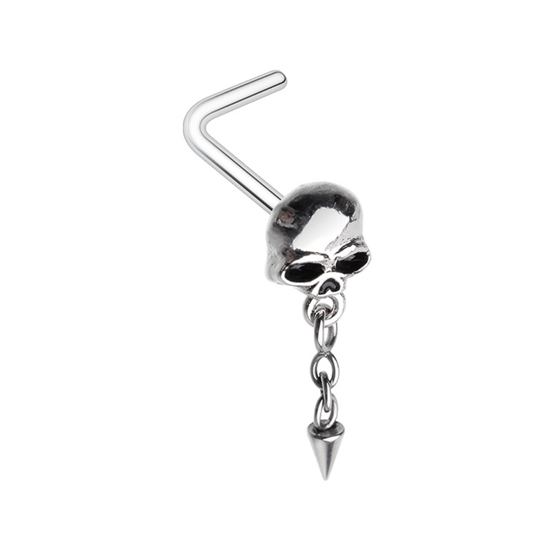Skull with Dangling Chain Spike L-Bend Nose Stud – Stainless Steel