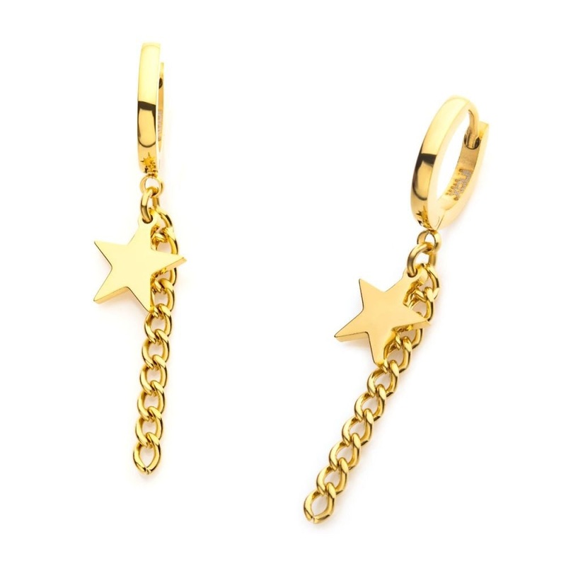 Star Chain Dangling Huggie Hoop Earrings – Pair – Gold PVD Stainless Steel