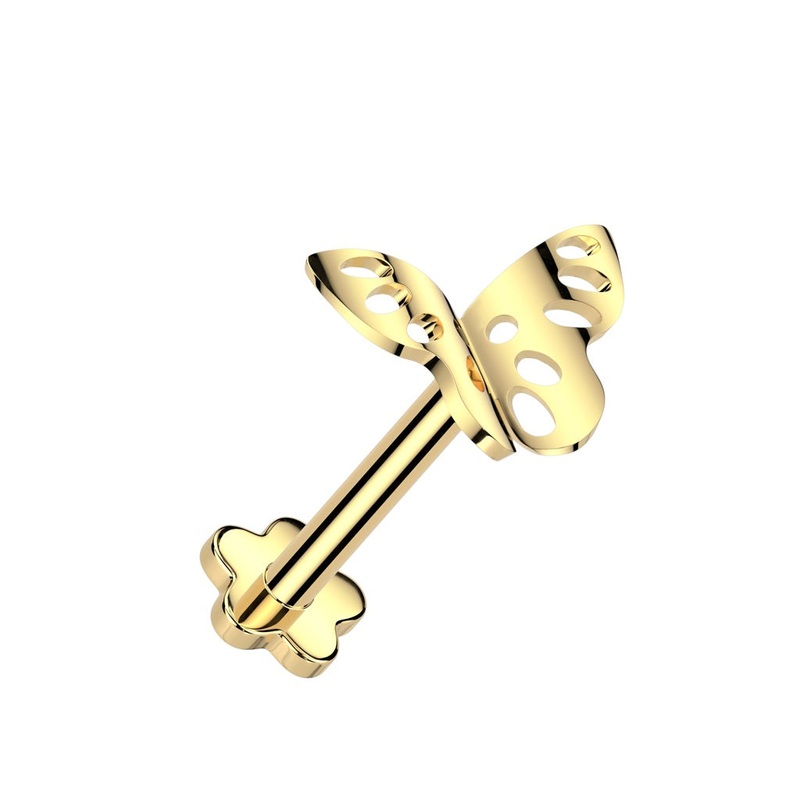 Threadless Push In Butterfly Top Flat Back Flower Base Stud – ASTM F-136 Implant Grade Titanium Gold