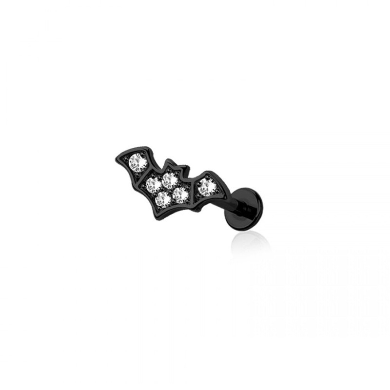 Threadless Push-In CZ Crystal Bat Top Flat Back Stud – 316L Stainless Steel Black