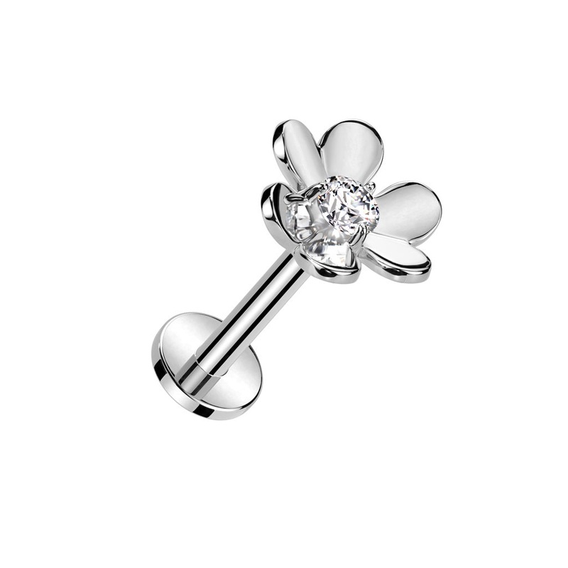 Threadless Push-In CZ Crystal Flower Top Flat Back Stud – 316L Stainless Steel Gold
