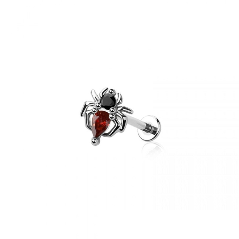 Threadless Push-In CZ Crystal Red Belly Spider Top Flat Back Stud – 316L Stainless Steel Black