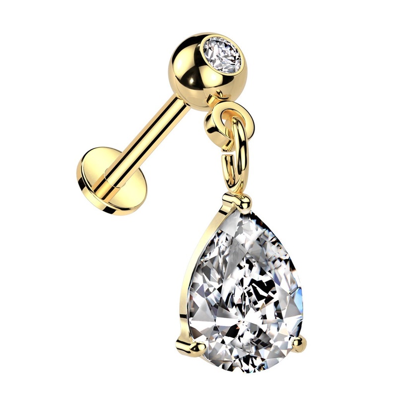 Threadless Push-In CZ Crystal with Dangling Teardrop Gem Flat Back Stud – 316L Stainless Steel Gold