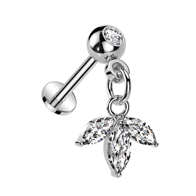Threadless Push-In CZ Crystal with Dangling Triple Leaf Marquise Flat Back Stud – 316L Stainless Steel Gold