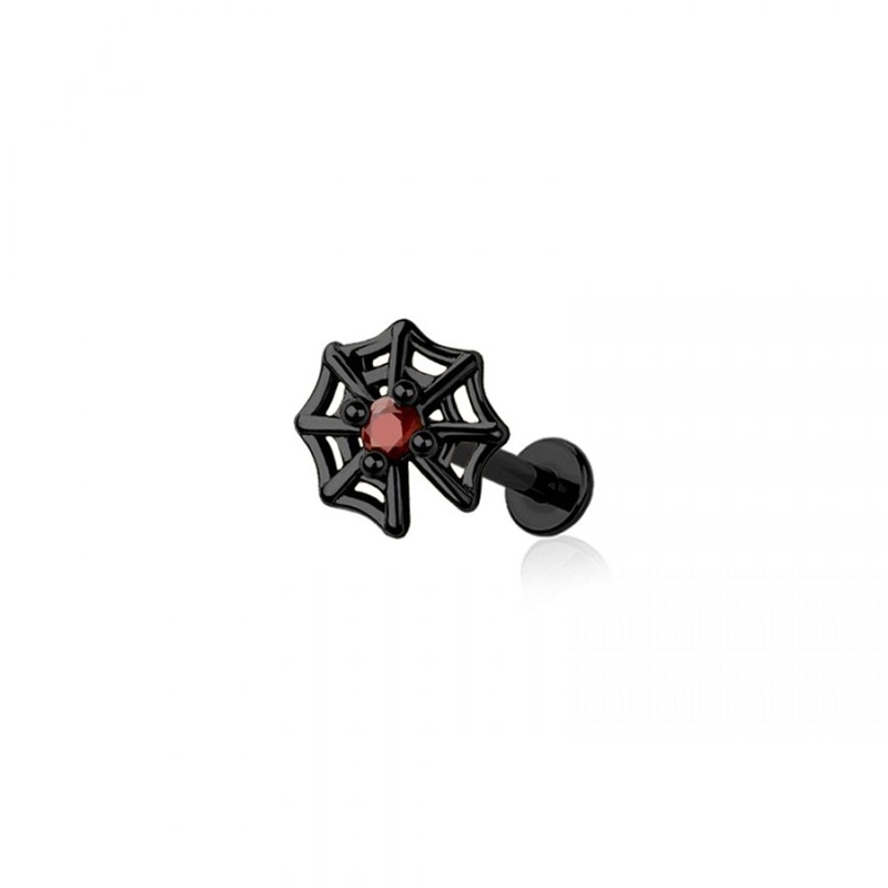 Threadless Push-In Red Center Crystal Spiderweb Top Flat Back Stud – 316L Stainless Steel Black