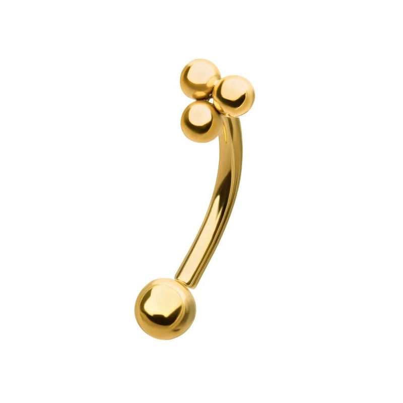 Threadless Push-In Triple Ball Cluster Top Eyebrow Curved Barbell – 24kt Gold PVD ASTM F-136 Implant Grade Titanium