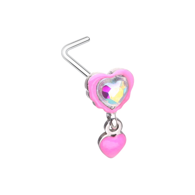 Aurora Borealis Pink Heart with Dangling Heart L-Bend Nose Stud – 316L Stainless Steel
