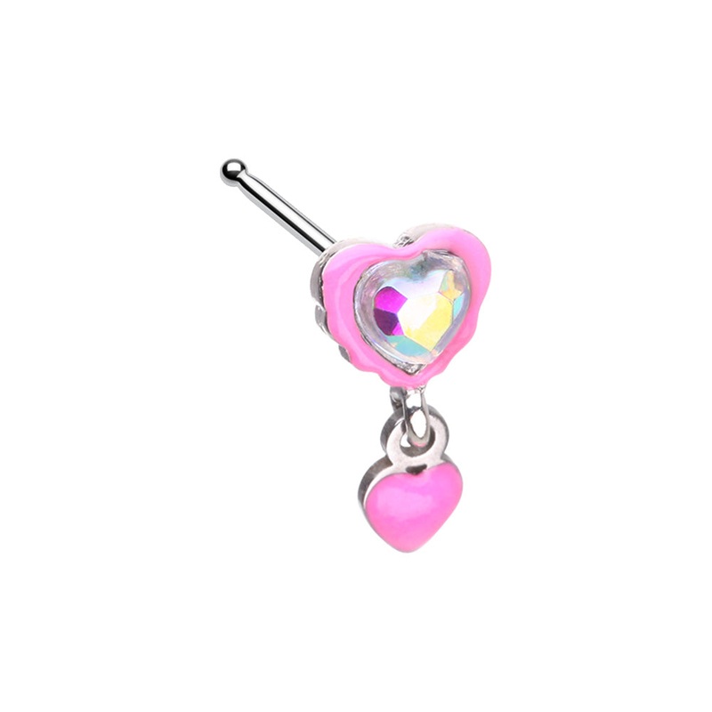 Aurora Borealis Pink Heart with Dangling Heart Nose Bone Stud – 316L Stainless Steel