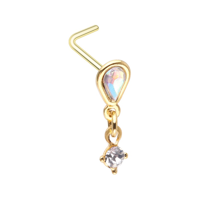 Aurora Borealis Teardrop with Dangling Gem L-Bend Nose Stud – Gold Plated 316L Stainless Steel