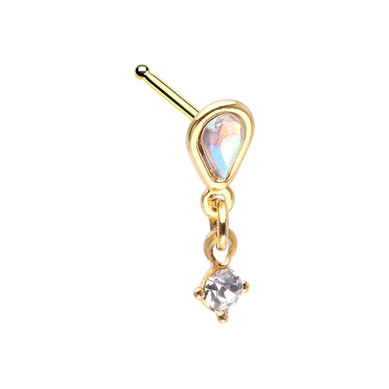 Aurora Borealis Teardrop with Dangling Gem Nose Bone Stud – Gold Plated 316L Stainless Steel