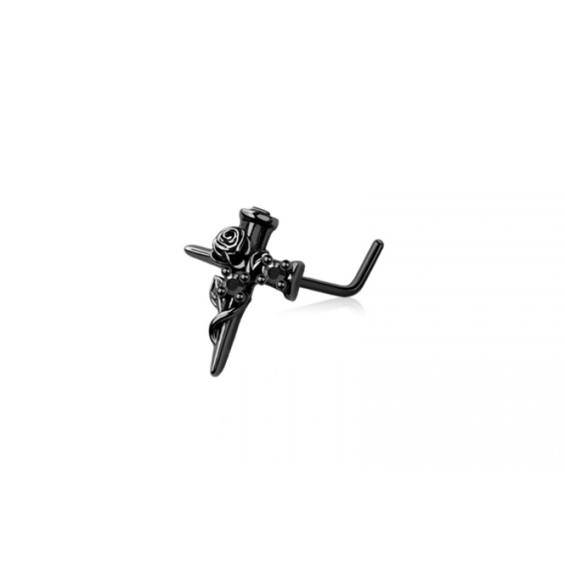 Black Cross with Rose and Twisted Vines Top L-Bend Nose Stud – 316L Stainless Steel