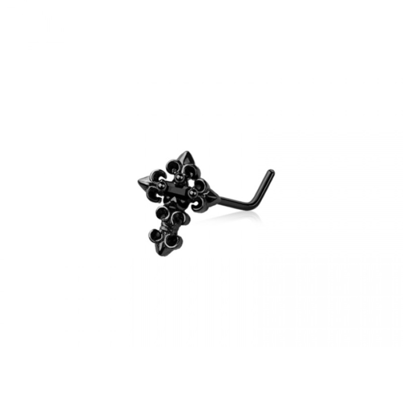 Black Fleur De Lis Cross Top L-Bend Nose Stud – 316L Stainless Steel
