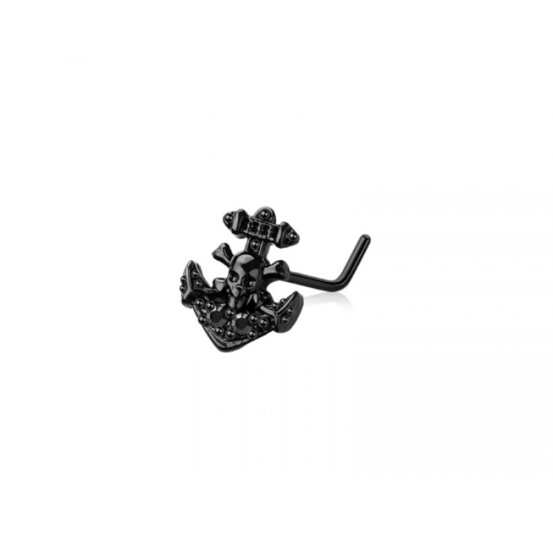 Black Skull Anchor Top L-Bend Nose Stud – 316L Stainless Steel