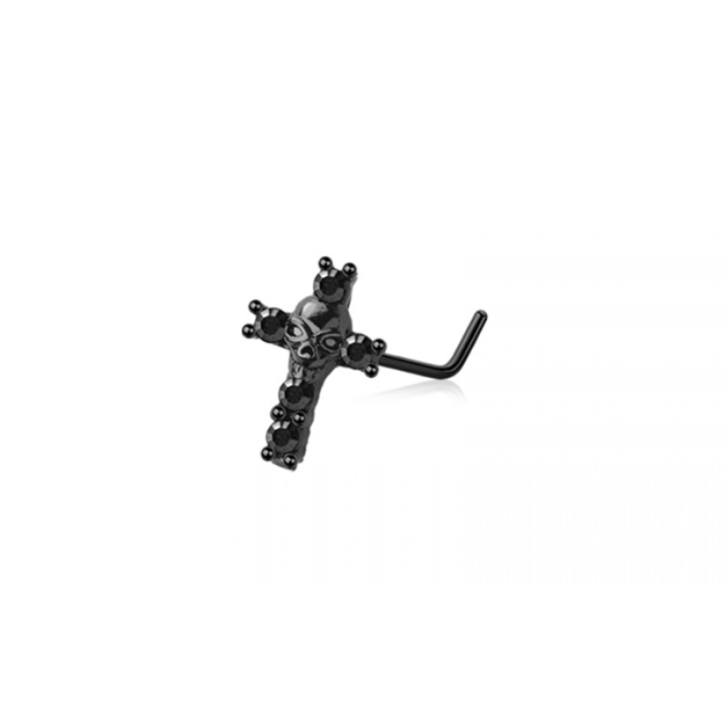 Black Skull Cross Top L-Bend Nose Stud – 316L Stainless Steel