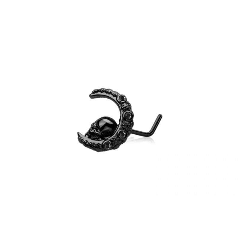 Black Skull In Crescent Moon Top L-Bend Nose Stud – 316L Stainless Steel