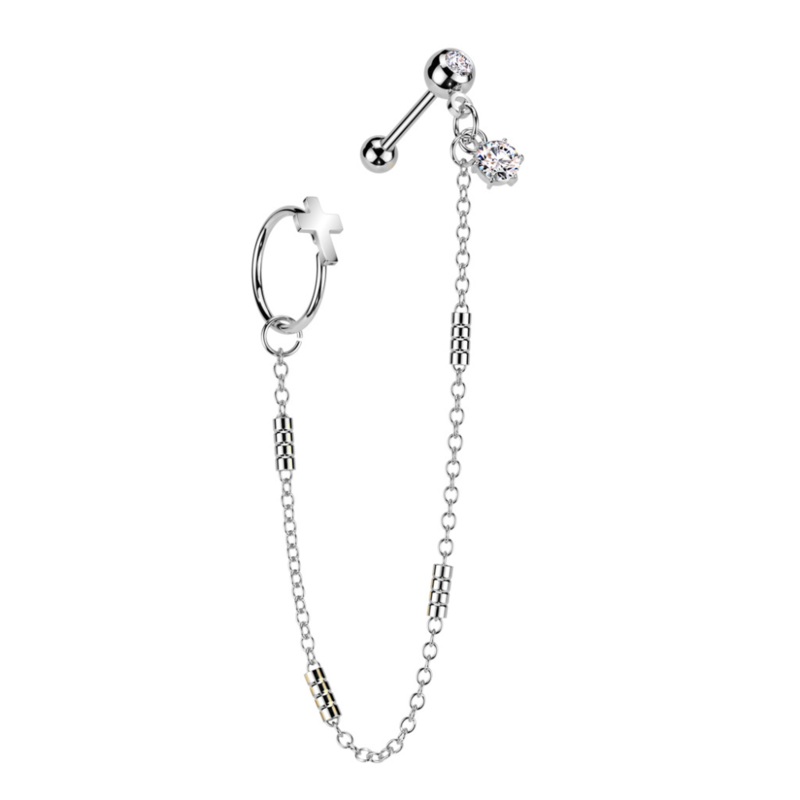 Cross Hoop and CZ Crystal Barbell with Connecting Chain – 316L Stainless Steel Gold