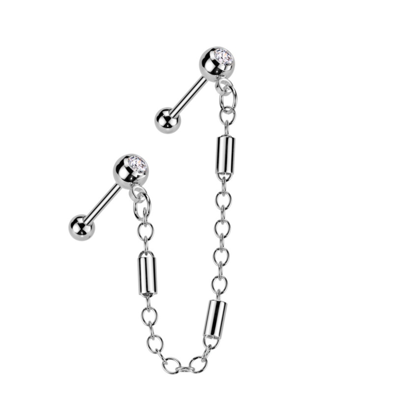 CZ Crystal Barbells with Connecting Barbell Chain – 316L Stainless Steel Gold