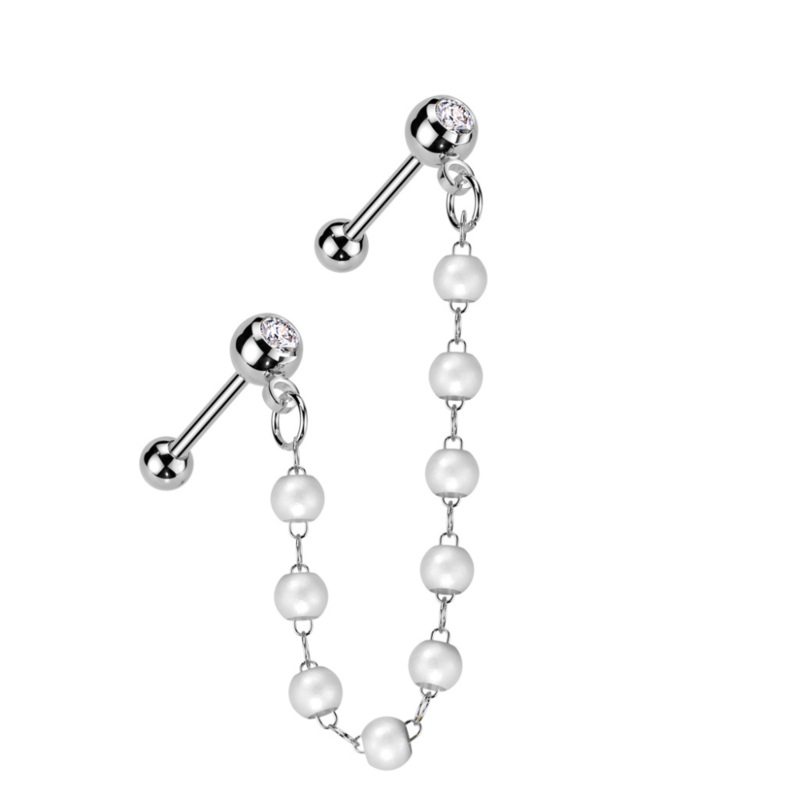 CZ Crystal Barbells with Connecting Faux Pearl Chain – 316L Stainless Steel Gold
