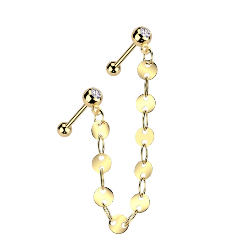CZ Crystal Barbells with Connecting Flat Disc Chain – 316L Stainless Steel Gold