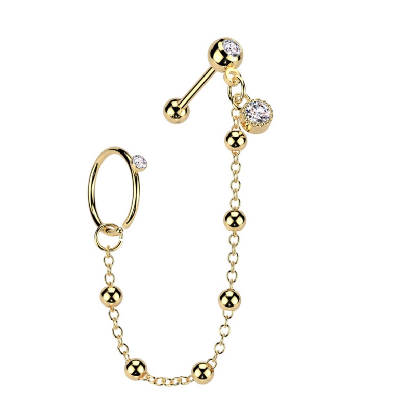 CZ Crystal Hoop and Barbell with Connecting Ball Chain – 316L Stainless Steel Gold