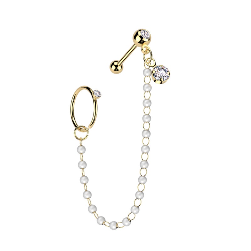 CZ Crystal Hoop and Barbell with Connecting Faux Pearl Chain – 316L Stainless Steel Gold