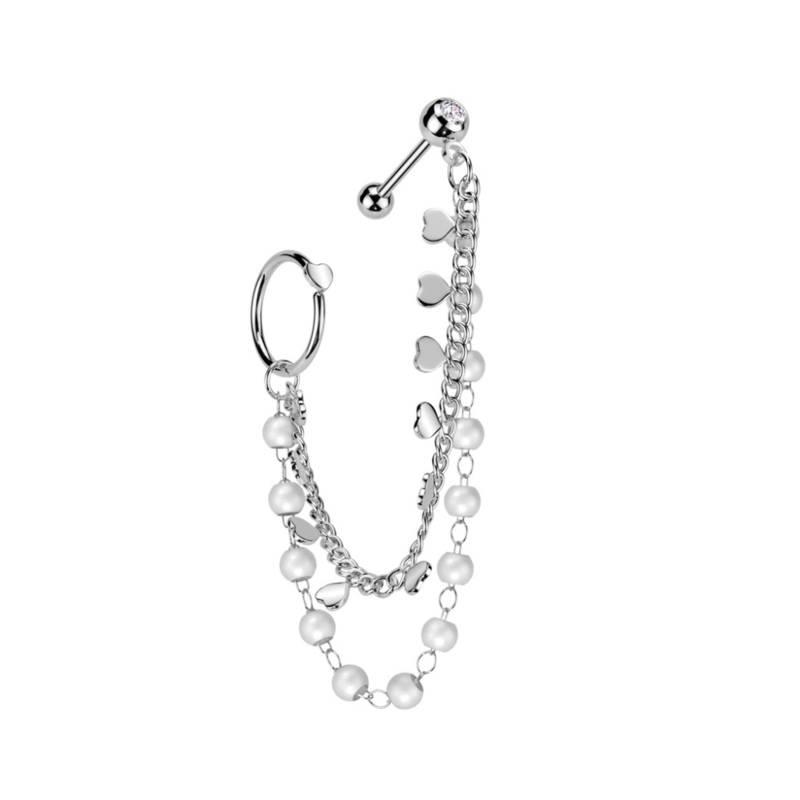 Heart Hoop and Barbell with Connecting Faux Pearl and Heart Chain – 316L Stainless Steel Gold