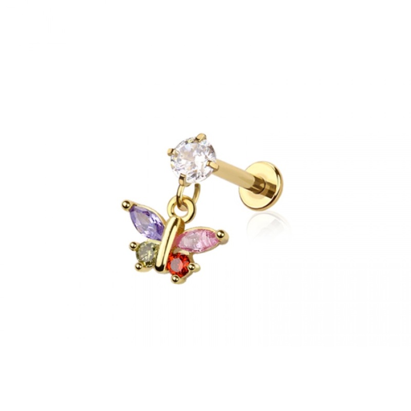 Internally Threaded Dangling CZ Crystal Butterfly Flat Back Stud – 316L Stainless Steel Gold