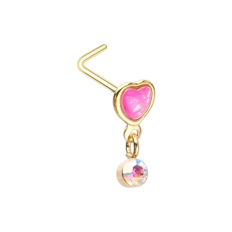 Pink Heart with Dangling Aurora Borealis Gem L-Bend Nose Stud – Gold Plated 316L Stainless Steel