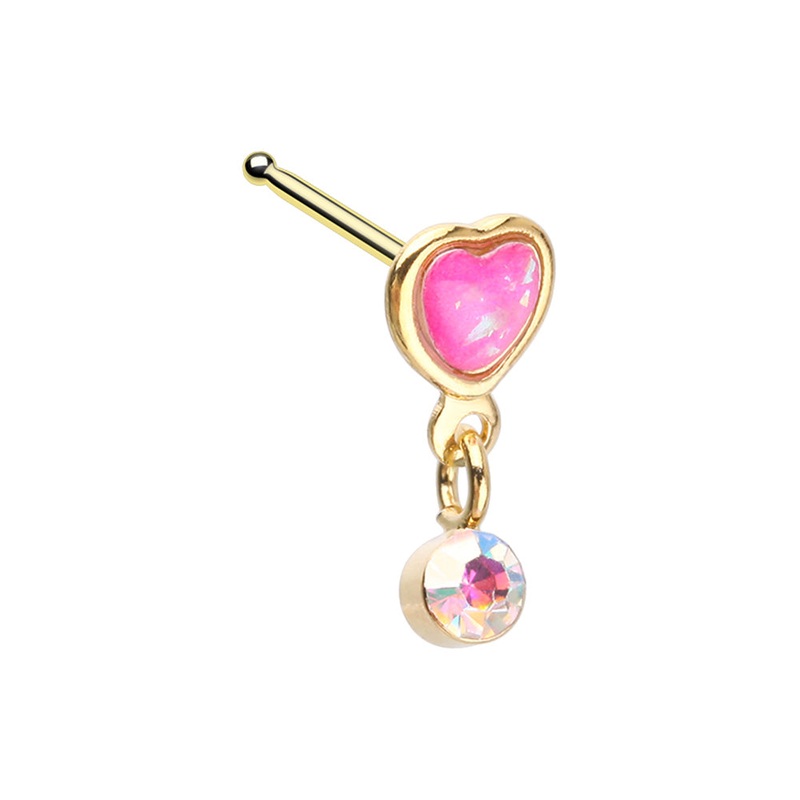 Pink Heart with Dangling Aurora Borealis Gem Nose Bone Stud – Gold Plated 316L Stainless Steel
