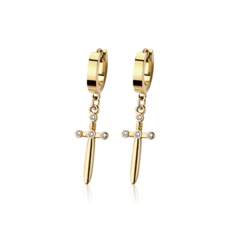 Sword Dangling Huggie Hoop Earrings – Pair – 316L Stainless Steel Gold