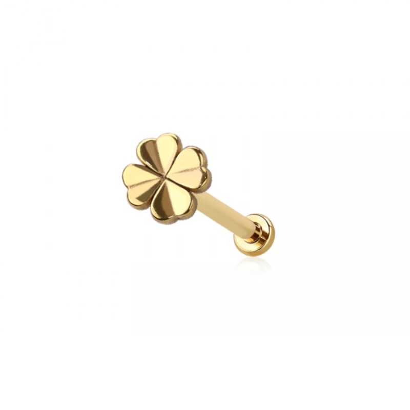 Threadless Push In Clover Flat Back Stud – 316L Stainless Steel Gold