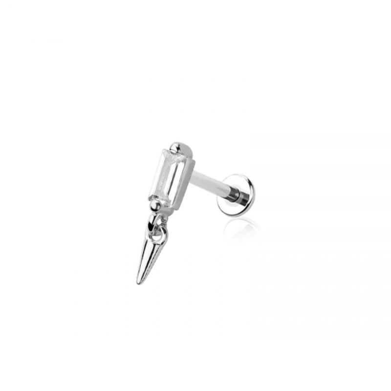 Threadless Push In CZ Crystal Baguette with Dangling Spike Flat Back Stud – 316L Stainless Steel Gold