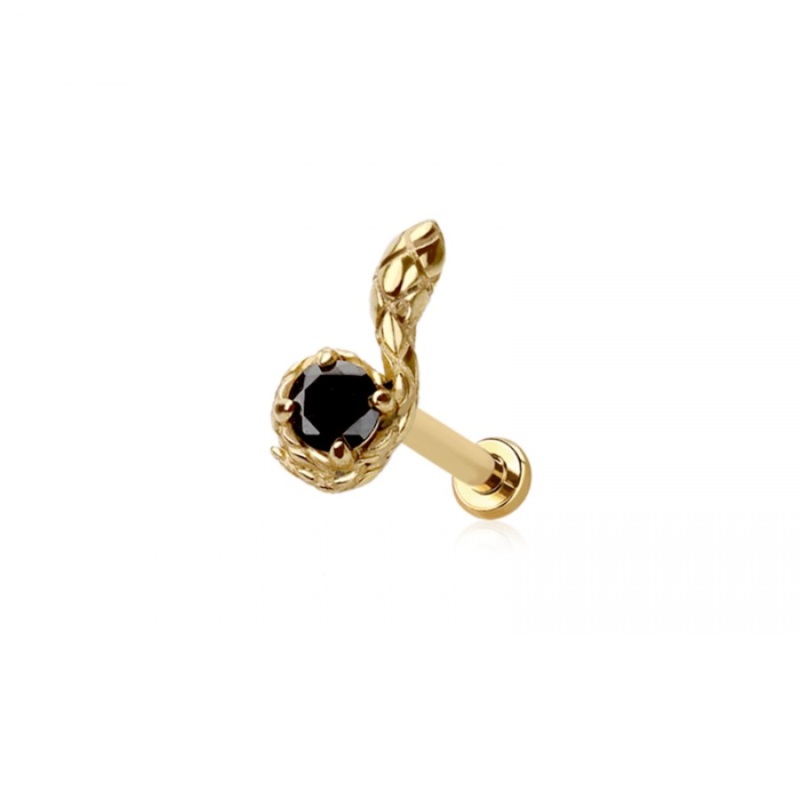 Threadless Push In Snake with Black CZ Crystal Center Flat Back Stud – 316L Stainless Steel Gold