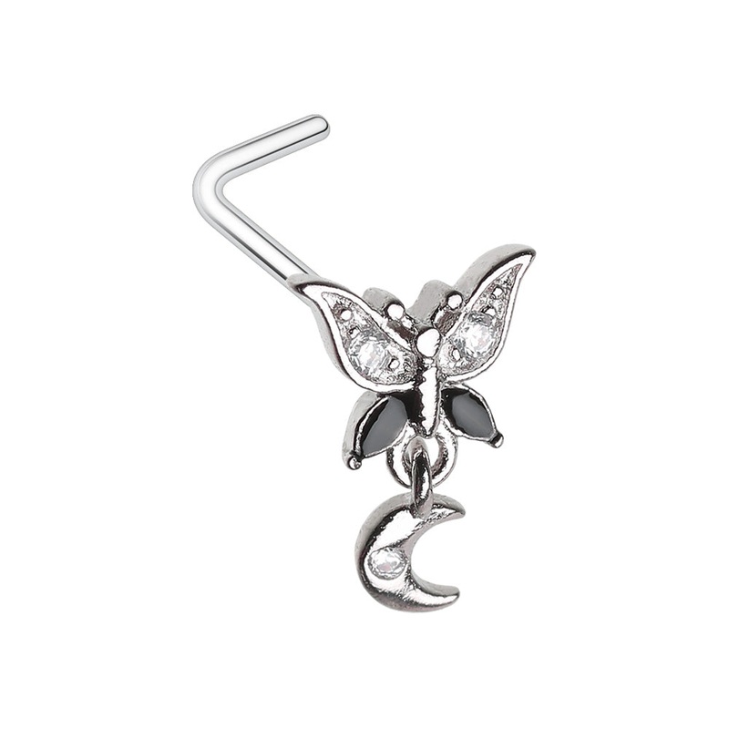 Black CZ Crystal Butterfly with Dangling Moon L-Bend Nose Stud – 316L Stainless Steel