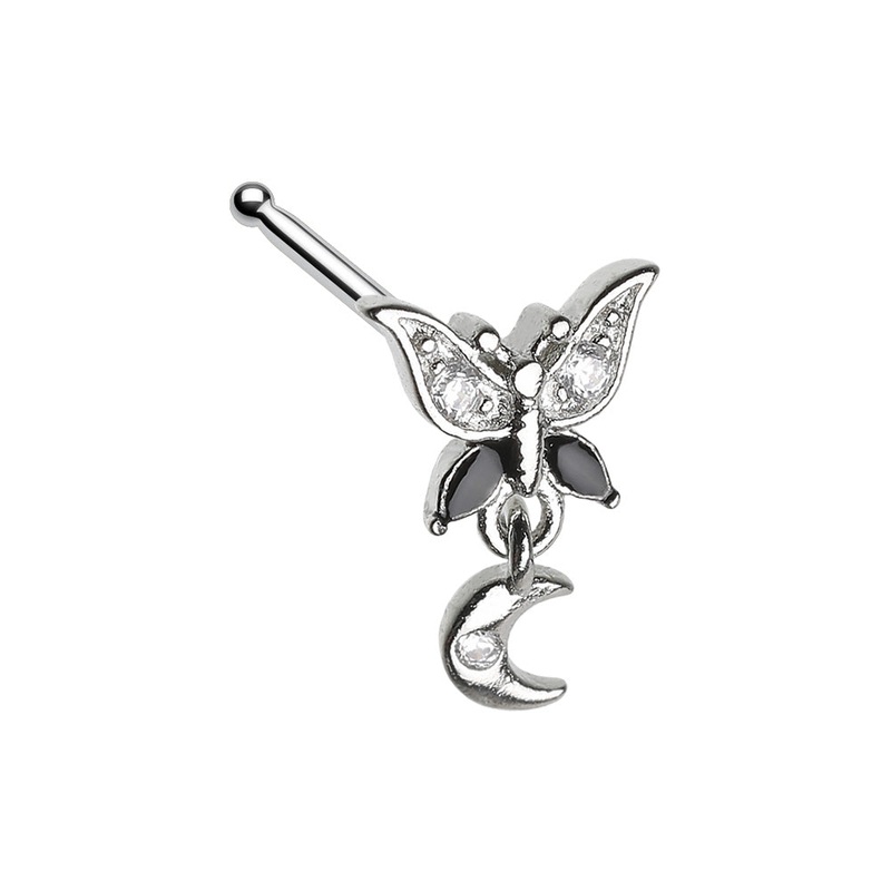 Black CZ Crystal Butterfly with Dangling Moon Nose Bone Stud – 316L Stainless Steel