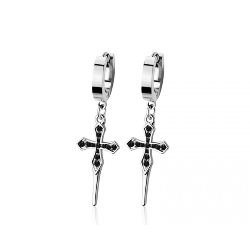 Black CZ Crystal Pointed Cross Dangling Huggie Hoop Earrings – Pair – 316L Stainless Steel Gold