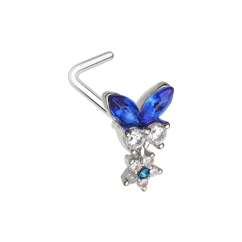Blue CZ Crystal Butterfly with Dangling Flower L-Bend Nose Stud – 316L Stainless Steel