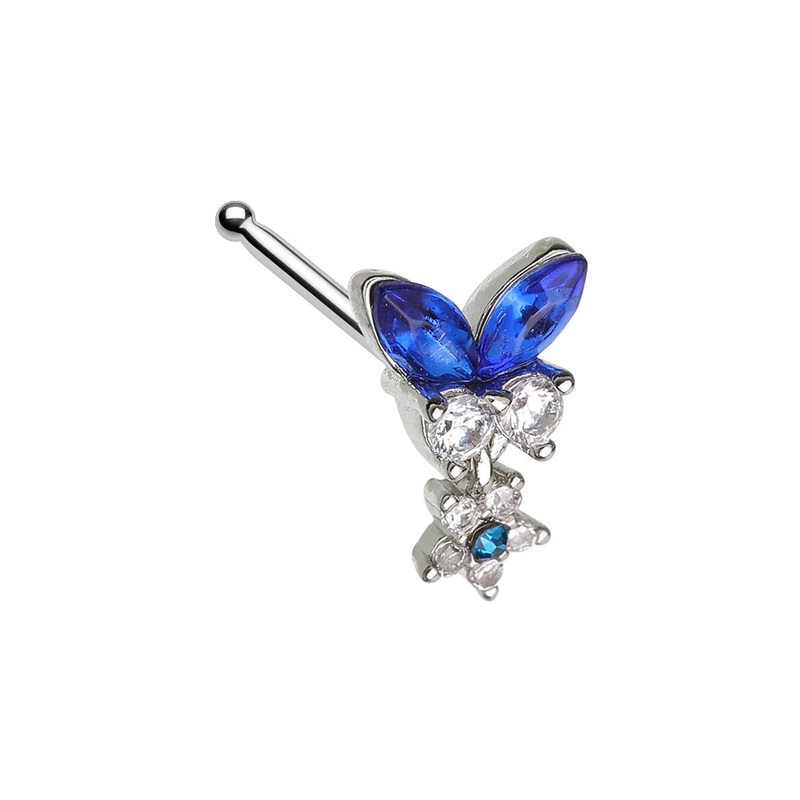 Blue CZ Crystal Butterfly with Dangling Flower Nose Bone Stud – 316L Stainless Steel