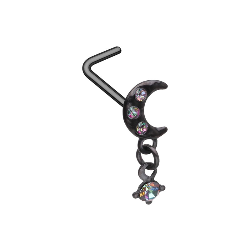 Crescent Moon with Dangling Gem L-Bend Nose Stud – Black 316L Stainless Steel