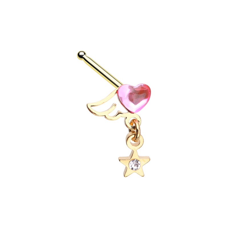 Crystal Winged Pink Heart with Dangling Star Nose Bone Stud – Gold Plated Stainless Steel