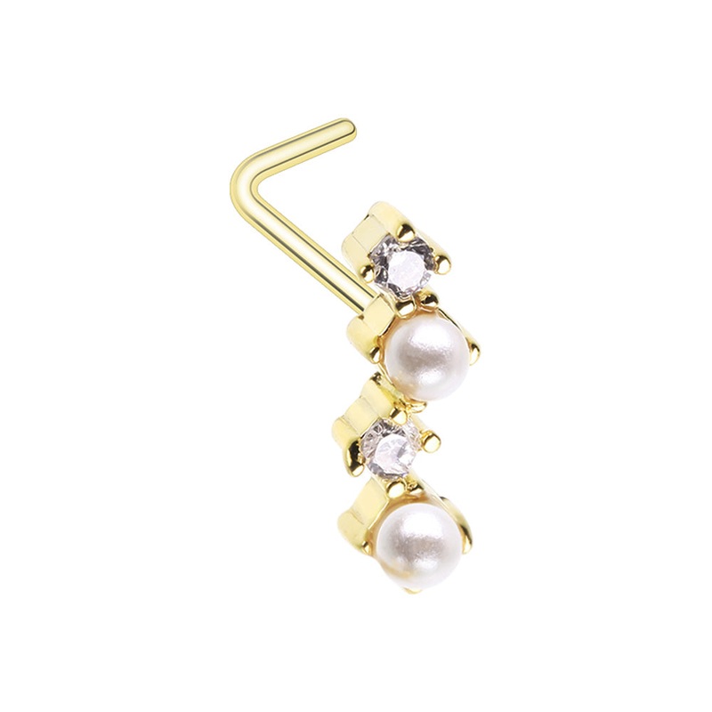 CZ Crystal and Synthetic Pearls Zig Zag L-Bend Nose Stud – 316L Stainless Steel Gold