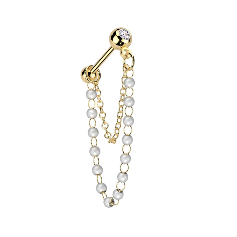 CZ Crystal Barbell Stud with Dangling Faux Pearls and Chain – 316L Stainless Steel Gold