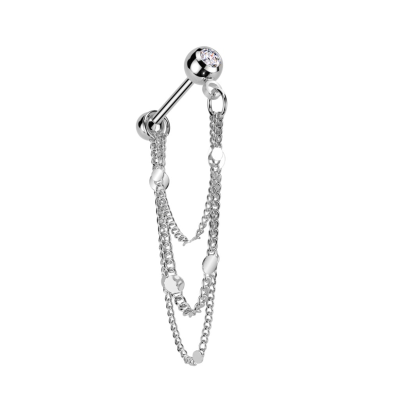 CZ Crystal Barbell Stud with Round Disc Dangling Chains – 316L Stainless Steel Gold