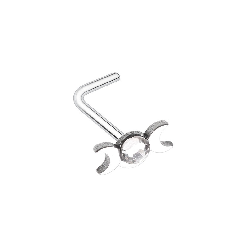 CZ Crystal Double Crescent Moon L-Bend Nose Stud – 316L Stainless Steel