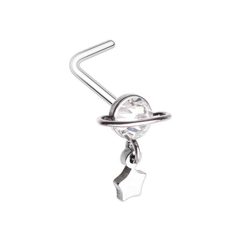 CZ Crystal Planet with Dangling Star L-Bend Nose Stud – 316L Stainless Steel